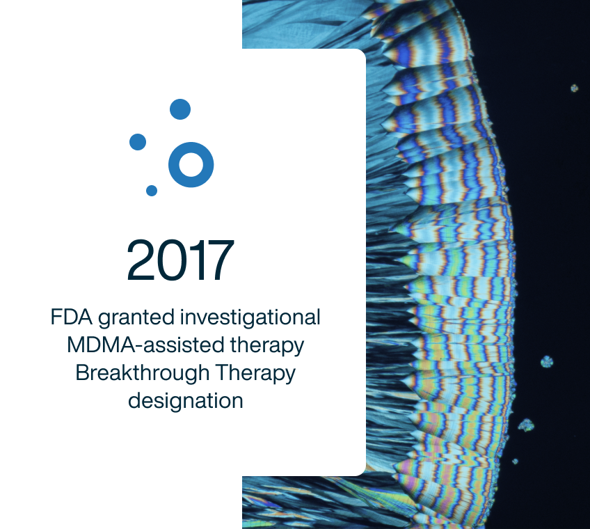 a graphic that reads "2017: fda granted investigational mdma-assisted therapy breakthrough therapy designation."